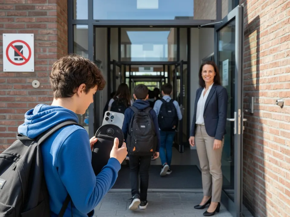Leerling stopt zijn telefoon in een BeShield-hoesje bij de ingang van de school
